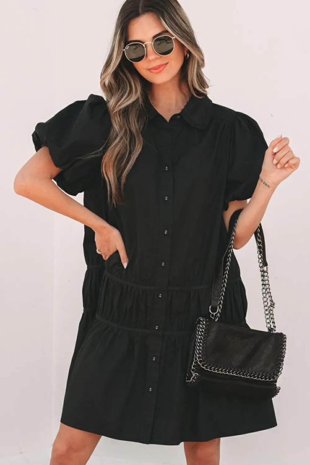 Sale Dear-Lover Shirt Style Button Down Puff Sleeve Ruffle Hem Dress Black