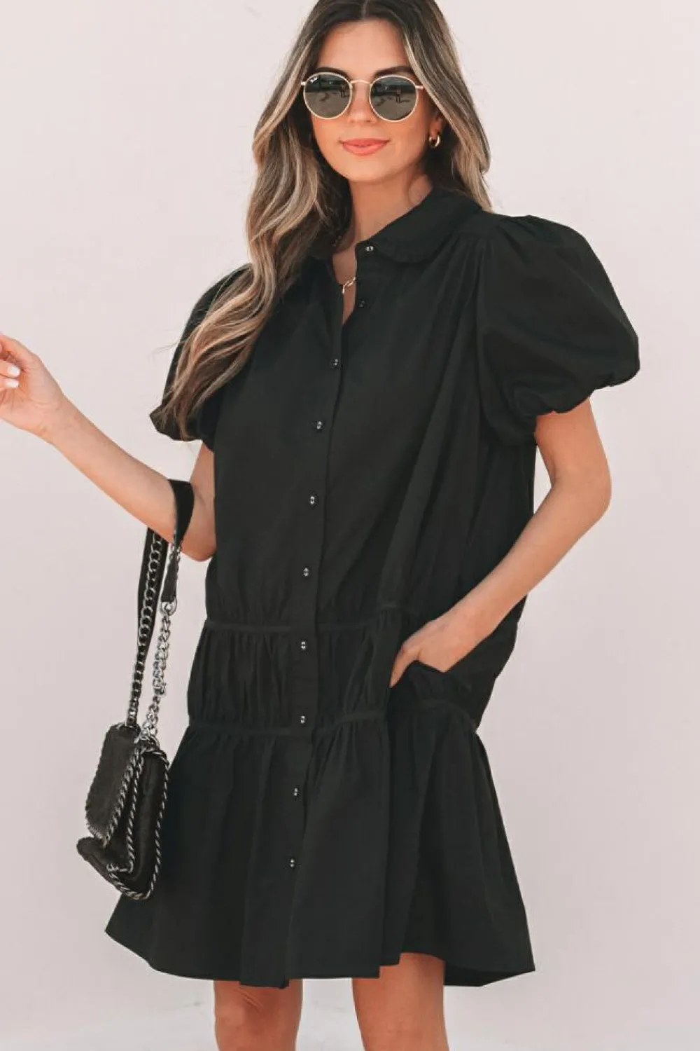 Sale Dear-Lover Shirt Style Button Down Puff Sleeve Ruffle Hem Dress Black