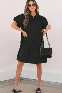 Sale Dear-Lover Shirt Style Button Down Puff Sleeve Ruffle Hem Dress Black