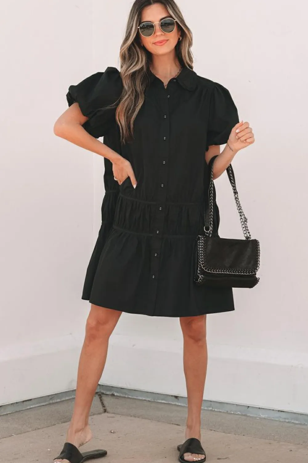 Sale Dear-Lover Shirt Style Button Down Puff Sleeve Ruffle Hem Dress Black
