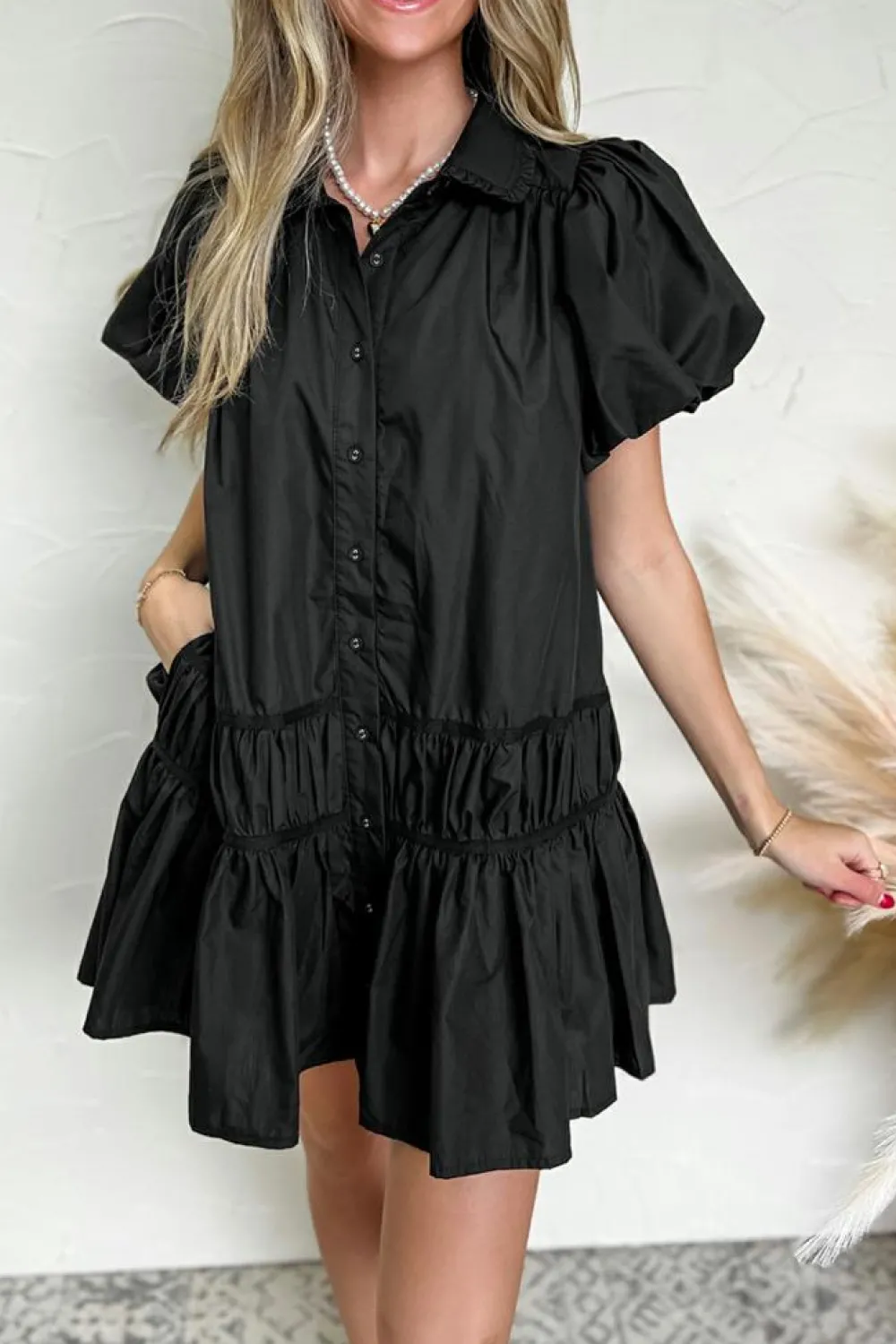 Sale Dear-Lover Shirt Style Button Down Puff Sleeve Ruffle Hem Dress Black