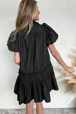 Sale Dear-Lover Shirt Style Button Down Puff Sleeve Ruffle Hem Dress Black