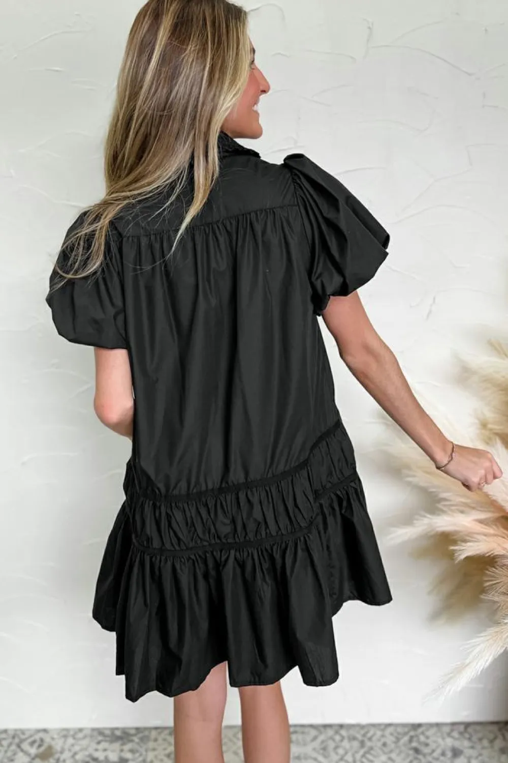 Sale Dear-Lover Shirt Style Button Down Puff Sleeve Ruffle Hem Dress Black