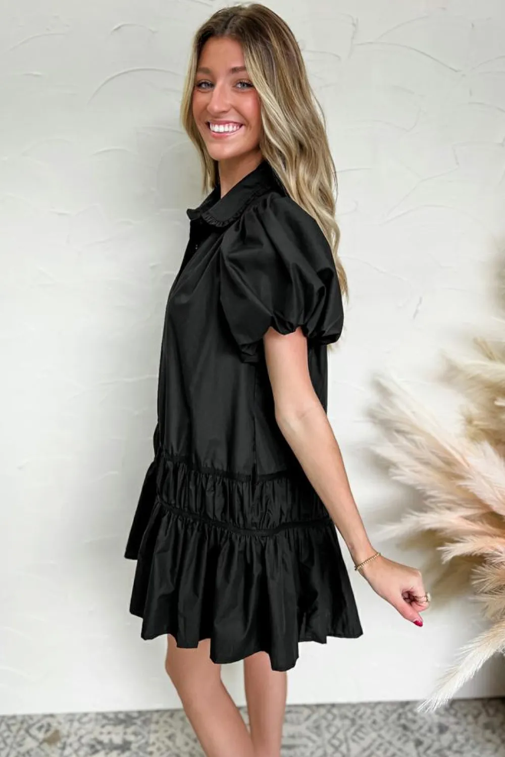 Sale Dear-Lover Shirt Style Button Down Puff Sleeve Ruffle Hem Dress Black