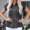 Best Dear-Lover Short Sleeve Flap Pocket Button Up Raw Hem Denim Shirt Black