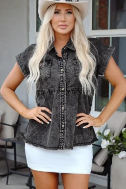 Best Dear-Lover Short Sleeve Flap Pocket Button Up Raw Hem Denim Shirt Black
