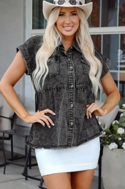 Best Dear-Lover Short Sleeve Flap Pocket Button Up Raw Hem Denim Shirt Black