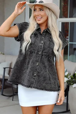 Best Dear-Lover Short Sleeve Flap Pocket Button Up Raw Hem Denim Shirt Black