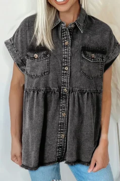 Best Dear-Lover Short Sleeve Flap Pocket Button Up Raw Hem Denim Shirt Black