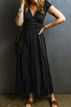Sale Dear-Lover Short Sleeve Shirred High Waist V Neck Maxi Dress Black
