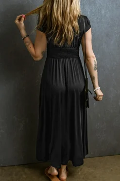 Sale Dear-Lover Short Sleeve Shirred High Waist V Neck Maxi Dress Black