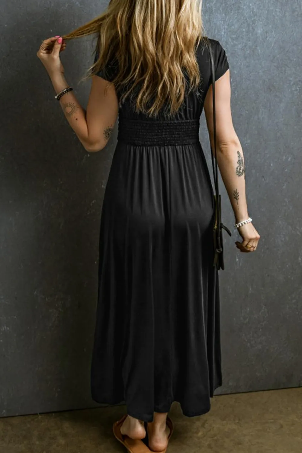 Sale Dear-Lover Short Sleeve Shirred High Waist V Neck Maxi Dress Black