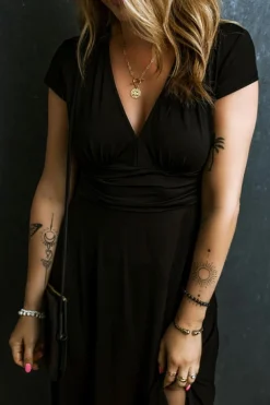 Sale Dear-Lover Short Sleeve Shirred High Waist V Neck Maxi Dress Black