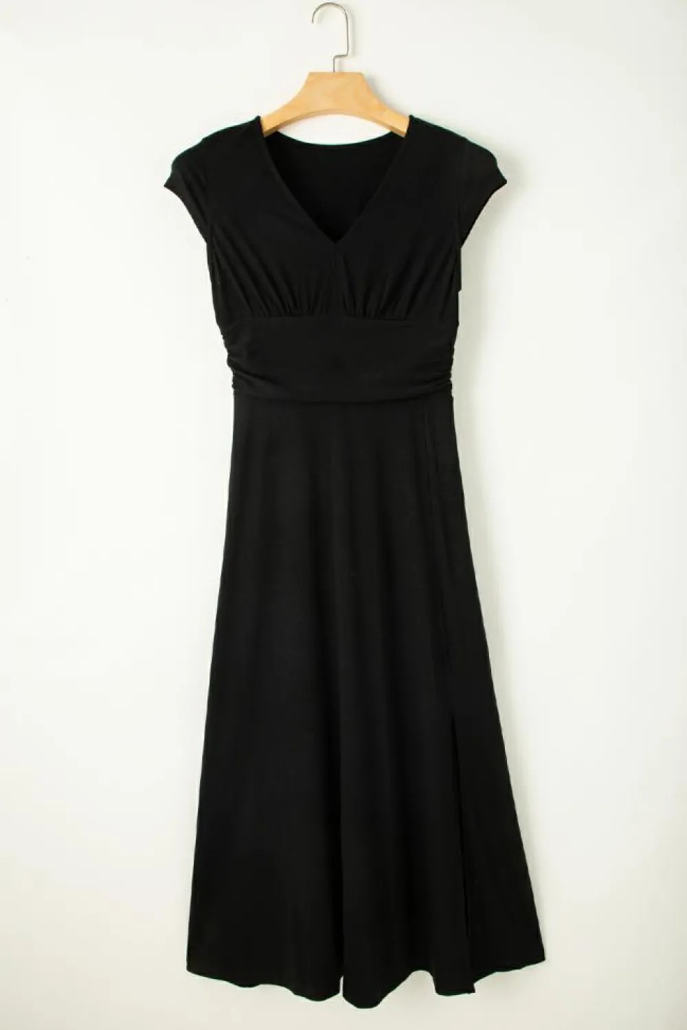 Sale Dear-Lover Short Sleeve Shirred High Waist V Neck Maxi Dress Black