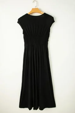 Sale Dear-Lover Short Sleeve Shirred High Waist V Neck Maxi Dress Black