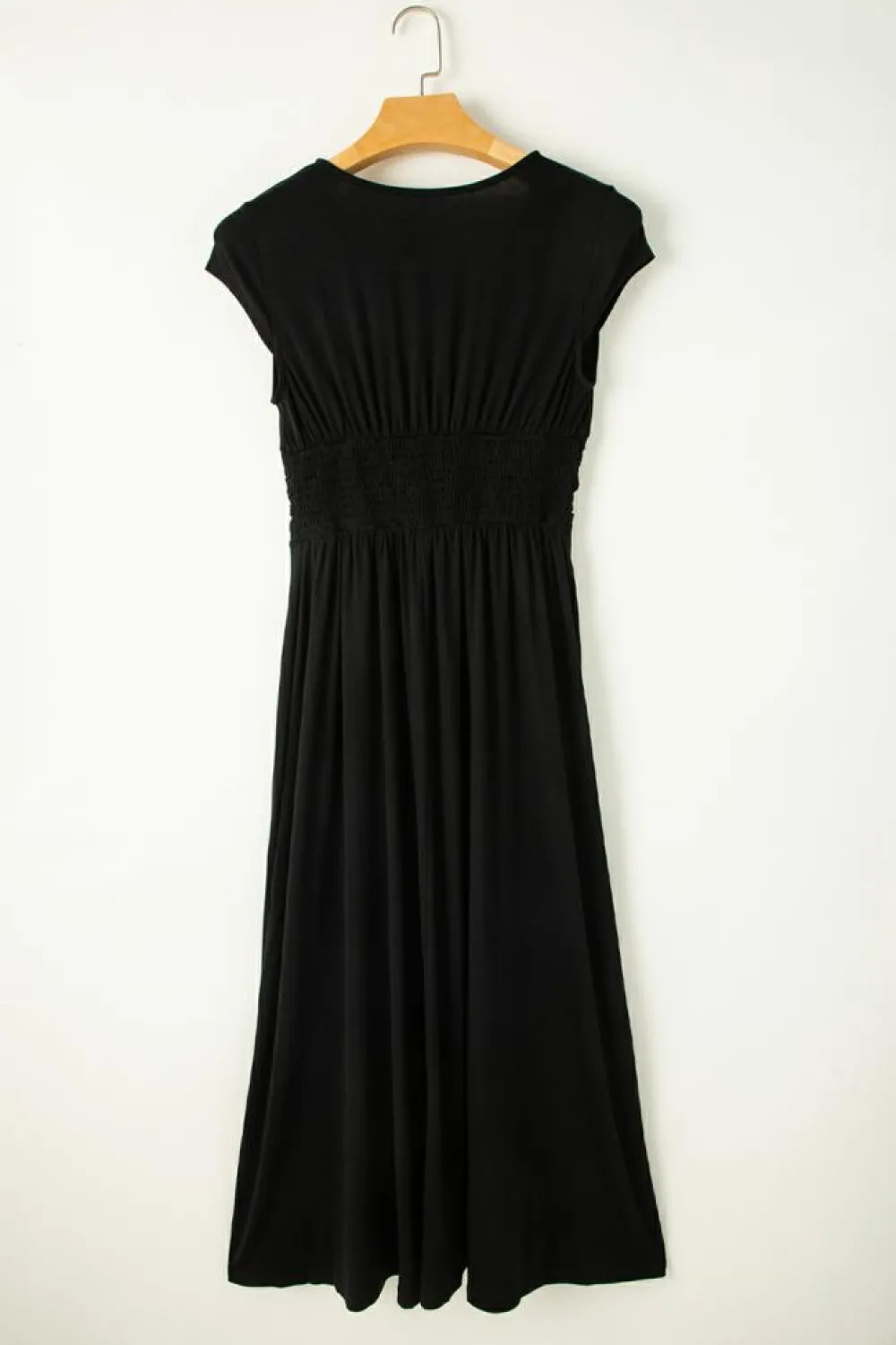 Sale Dear-Lover Short Sleeve Shirred High Waist V Neck Maxi Dress Black