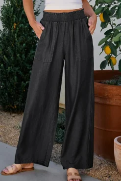 Outlet Dear-Lover Side Pockets Frilled Smocked High Waist Wide Leg Jeans Black