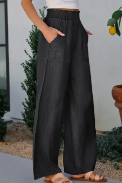 Outlet Dear-Lover Side Pockets Frilled Smocked High Waist Wide Leg Jeans Black