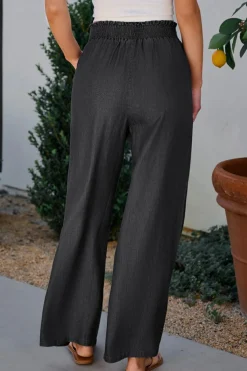 Outlet Dear-Lover Side Pockets Frilled Smocked High Waist Wide Leg Jeans Black