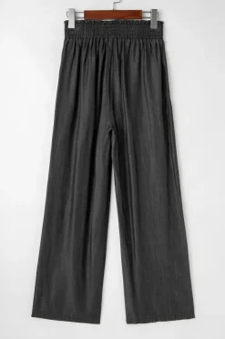 Outlet Dear-Lover Side Pockets Frilled Smocked High Waist Wide Leg Jeans Black