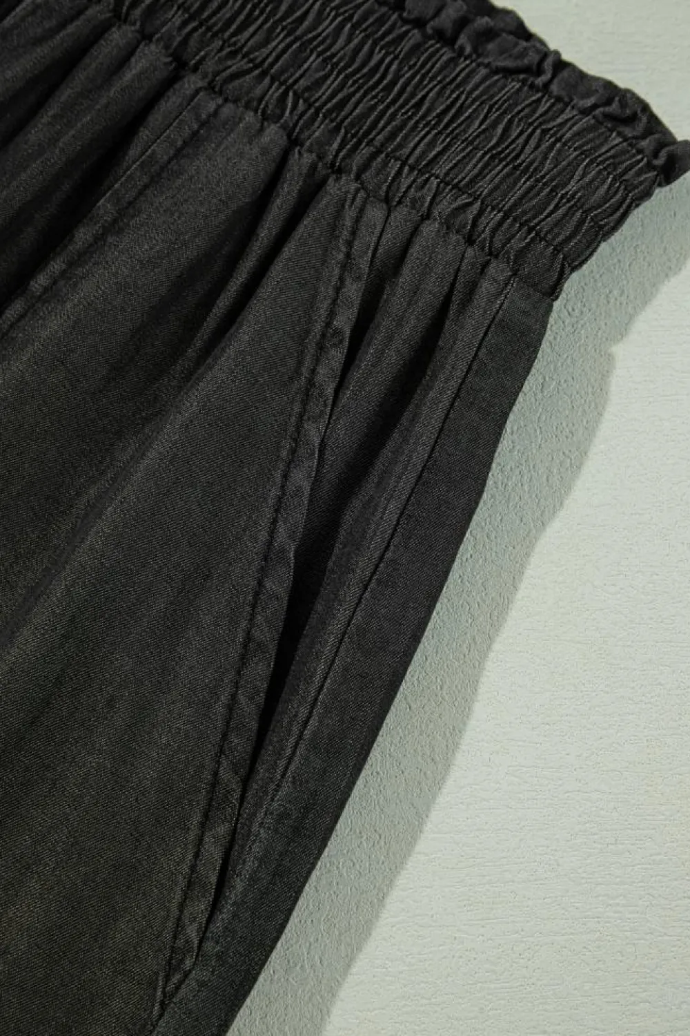 Outlet Dear-Lover Side Pockets Frilled Smocked High Waist Wide Leg Jeans Black