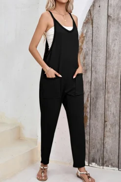 Online Dear-Lover Side Pockets Harem Pants Sleeveless V Neck Jumpsuit Black