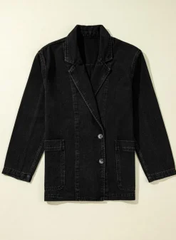 Hot Dear-Lover Side Pockets Lapel Collar Denim Jacket Black