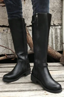 Hot Dear-Lover Side Zipper Knee High Chunky Low Heel Boots Black