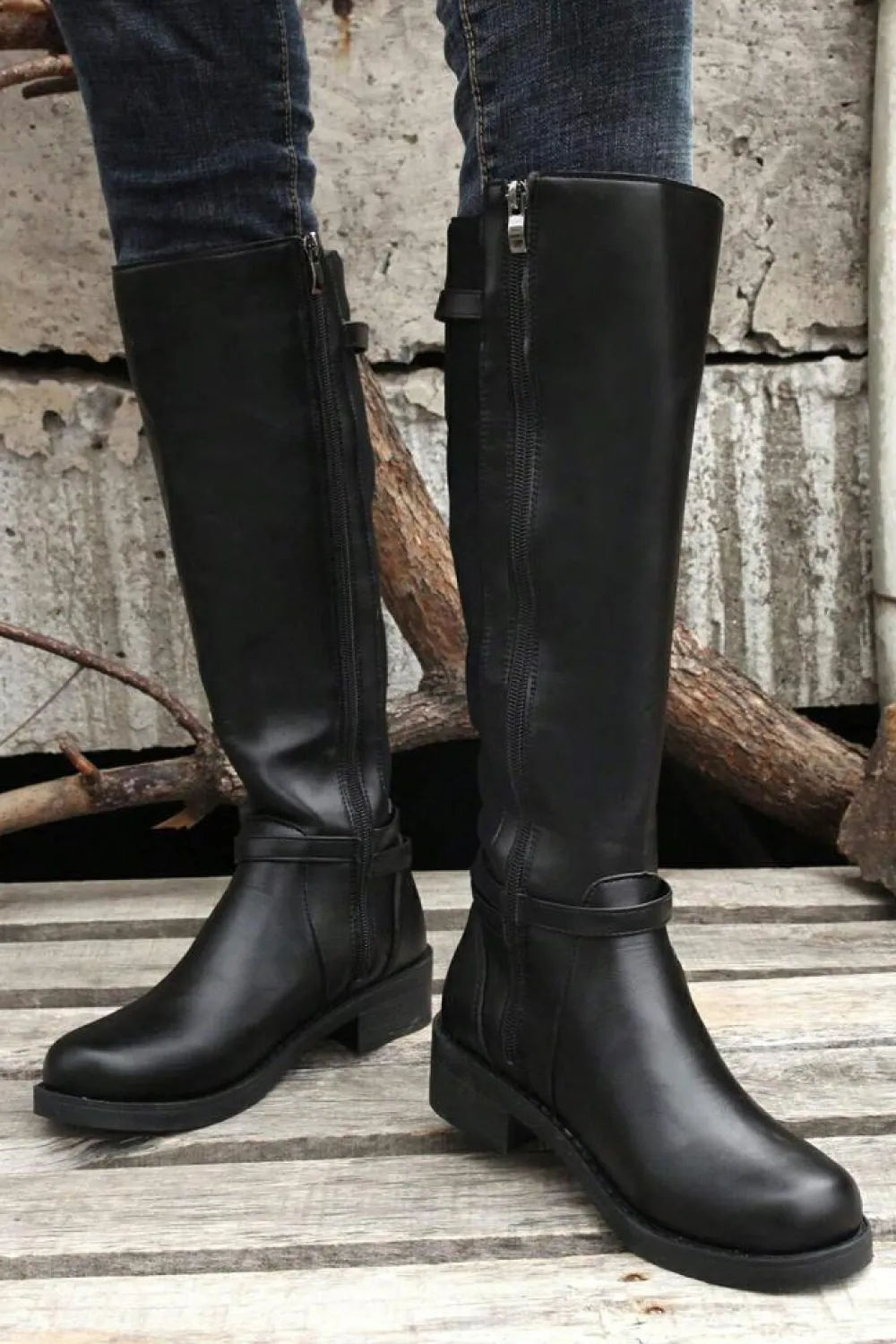 Hot Dear-Lover Side Zipper Knee High Chunky Low Heel Boots Black