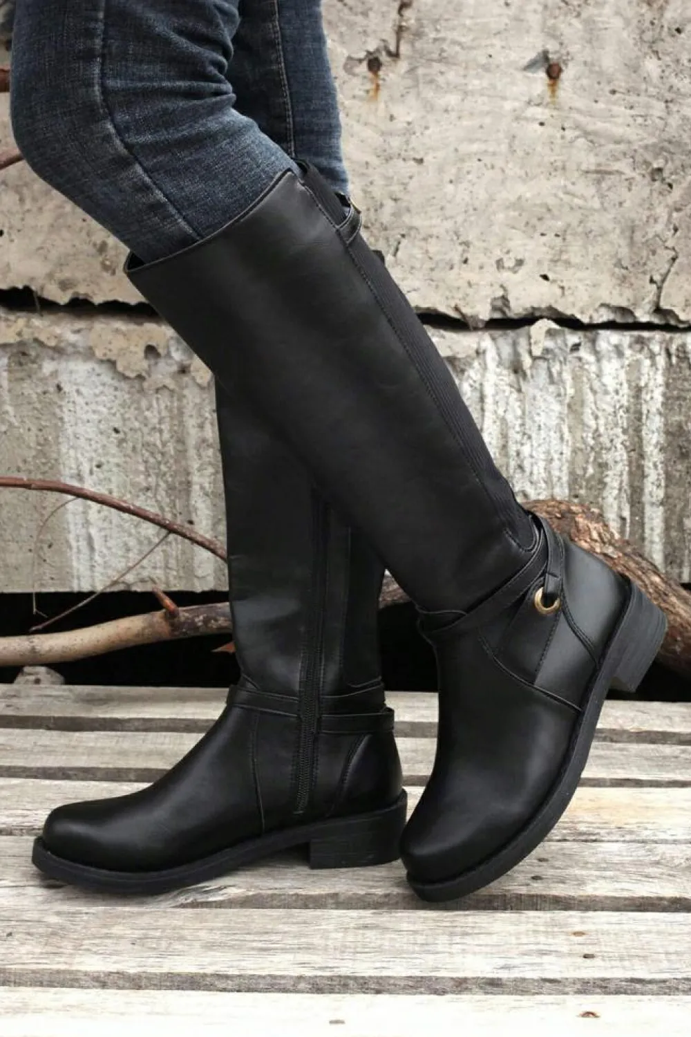 Hot Dear-Lover Side Zipper Knee High Chunky Low Heel Boots Black