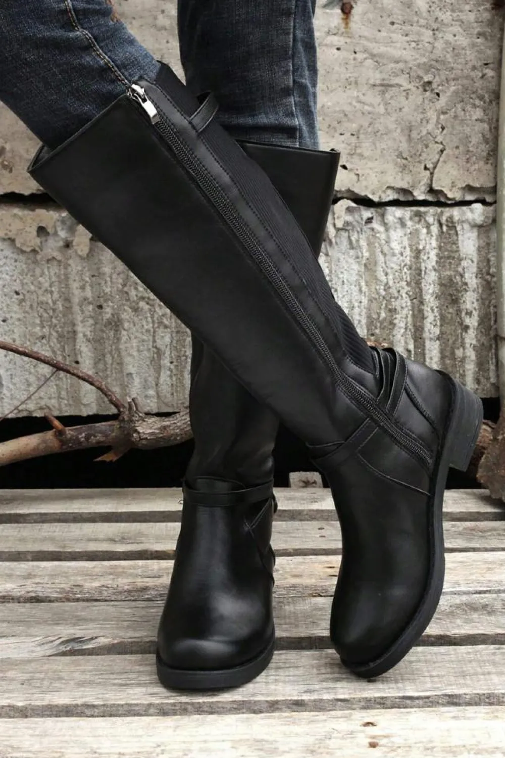 Hot Dear-Lover Side Zipper Knee High Chunky Low Heel Boots Black