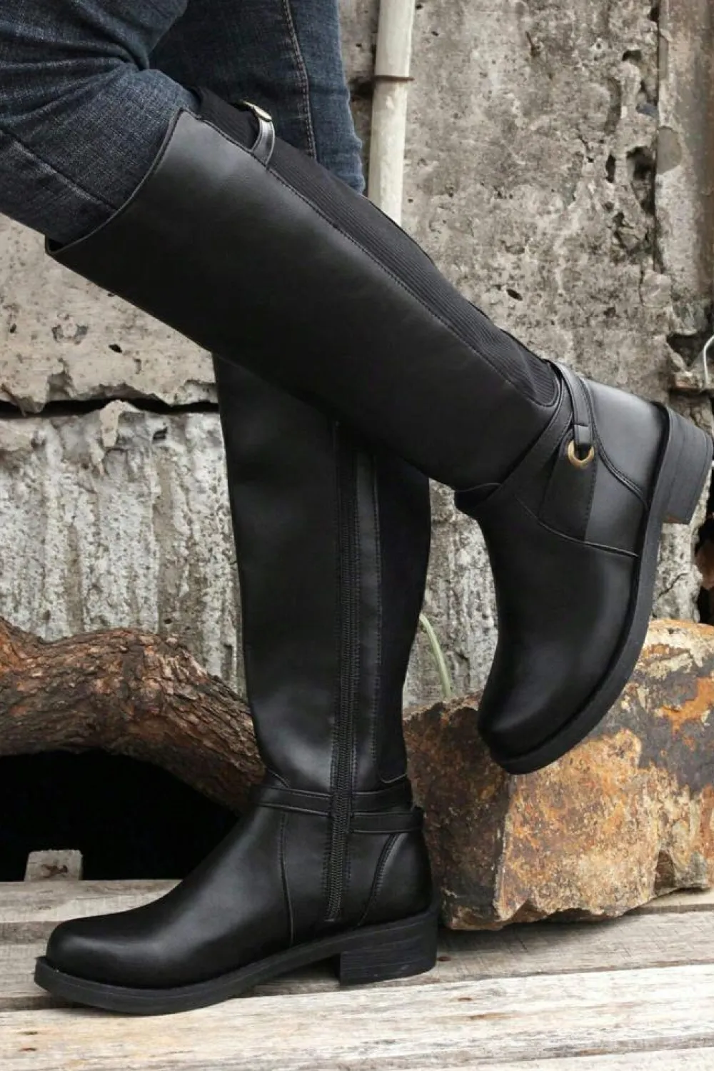 Hot Dear-Lover Side Zipper Knee High Chunky Low Heel Boots Black