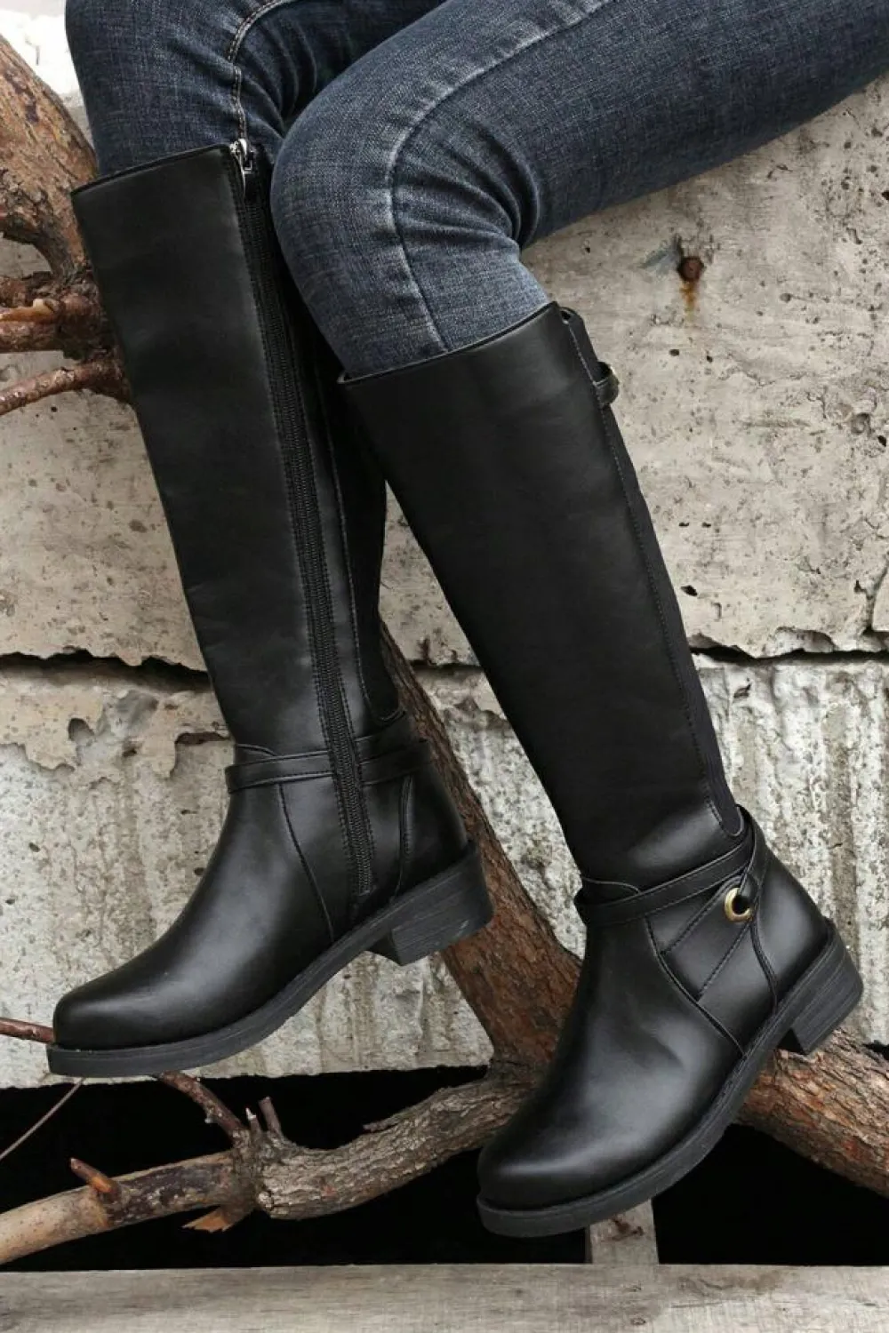 Hot Dear-Lover Side Zipper Knee High Chunky Low Heel Boots Black
