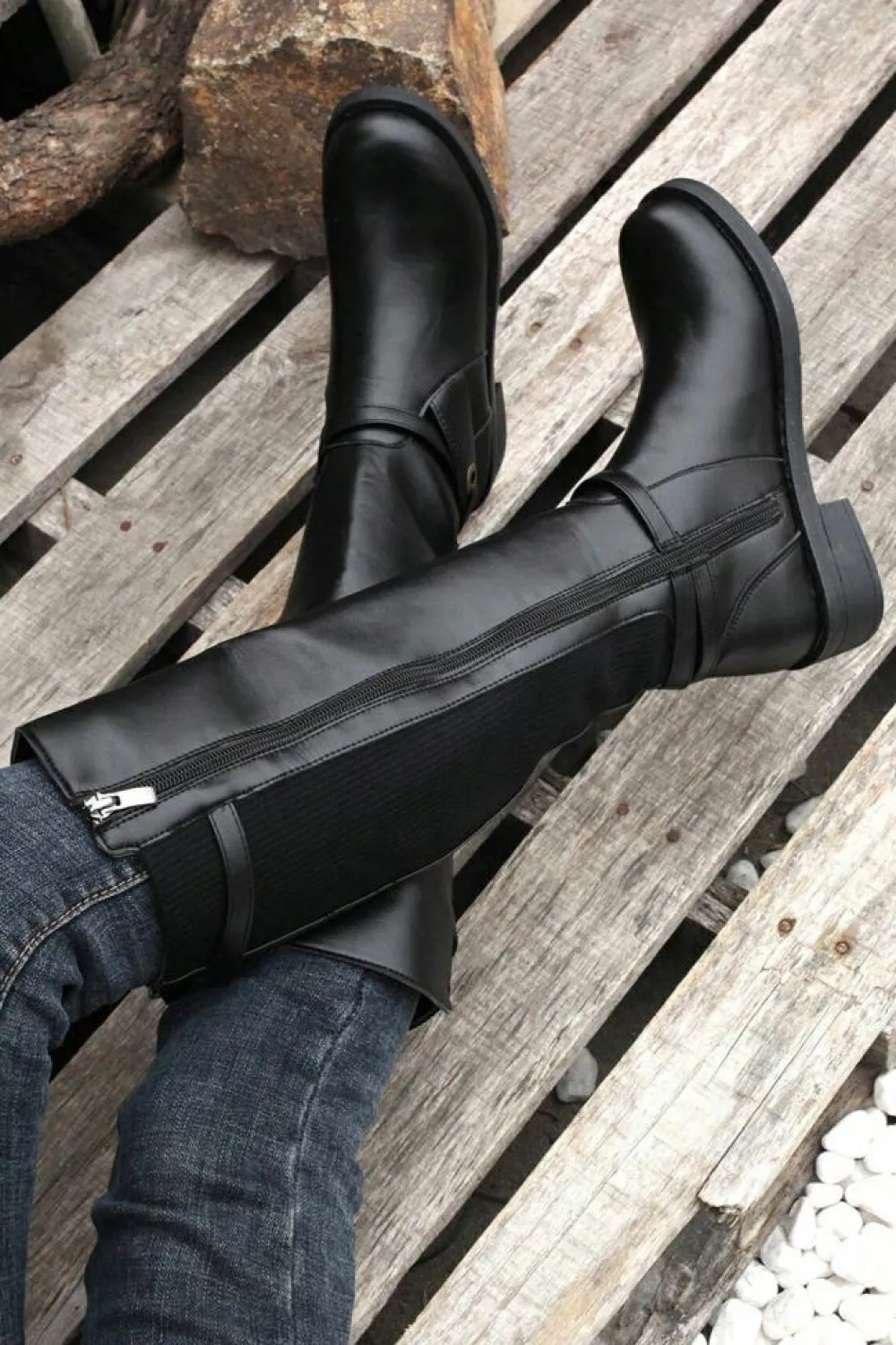 Hot Dear-Lover Side Zipper Knee High Chunky Low Heel Boots Black
