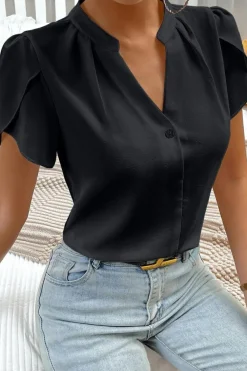 Hot Dear-Lover Silky Notched Neckline Petal Sleeve Blouse Black