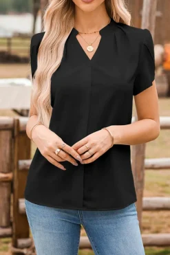Hot Dear-Lover Silky Notched Neckline Petal Sleeve Blouse Black