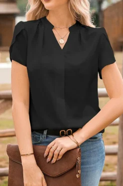 Hot Dear-Lover Silky Notched Neckline Petal Sleeve Blouse Black