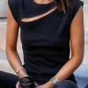Best Dear-Lover Slash Cutout Cap Sleeve T Shirt Black