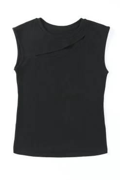 Best Dear-Lover Slash Cutout Cap Sleeve T Shirt Black