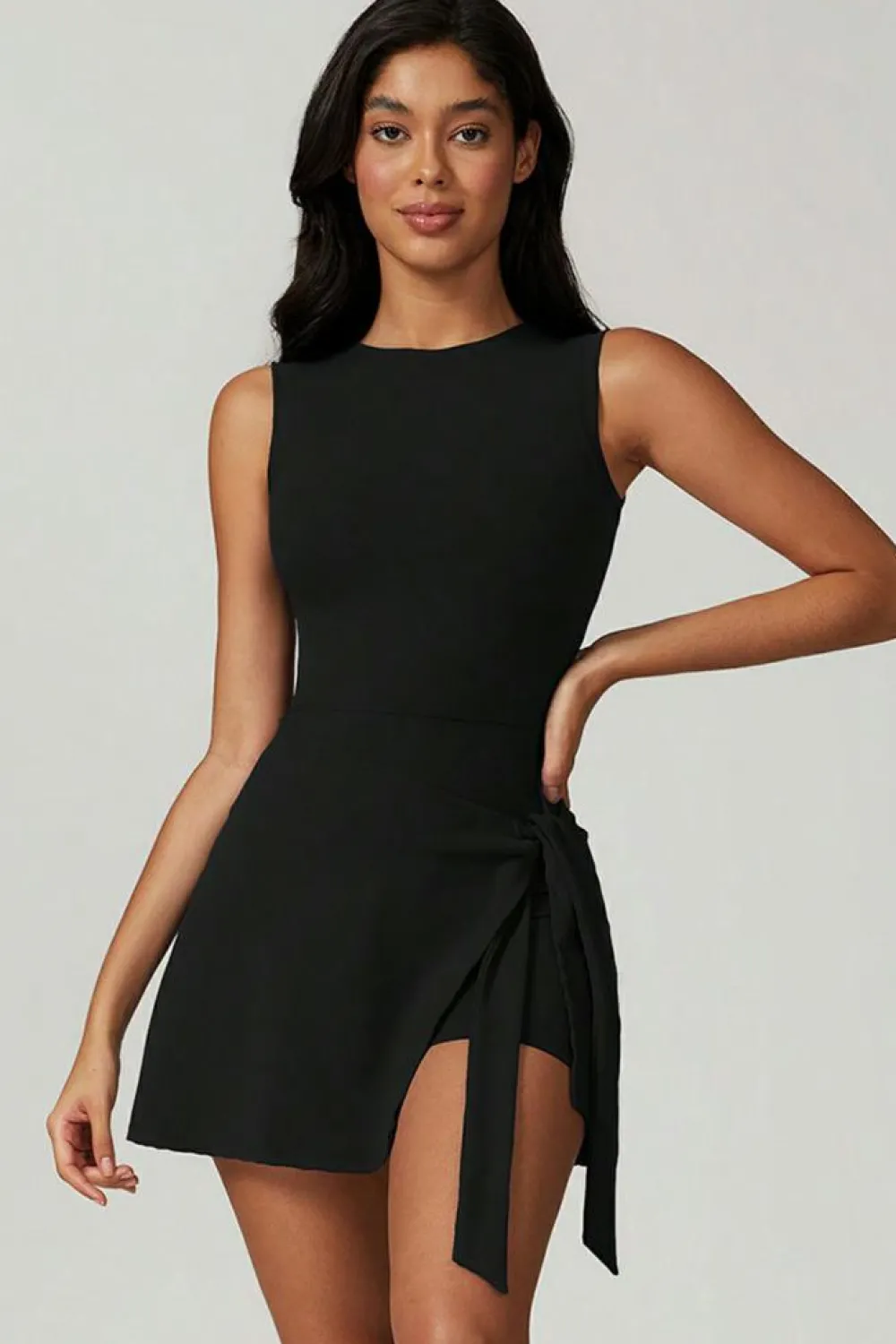Clearance Dear-Lover Sleeveless Knot Skirt Hem Sports Romper Black