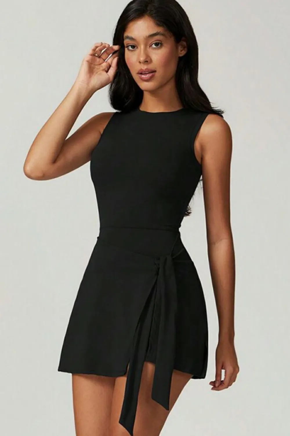 Clearance Dear-Lover Sleeveless Knot Skirt Hem Sports Romper Black