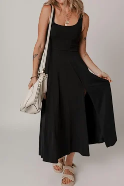 Online Dear-Lover Sleeveless Scoop Neck Flared Split Midi Dress Black