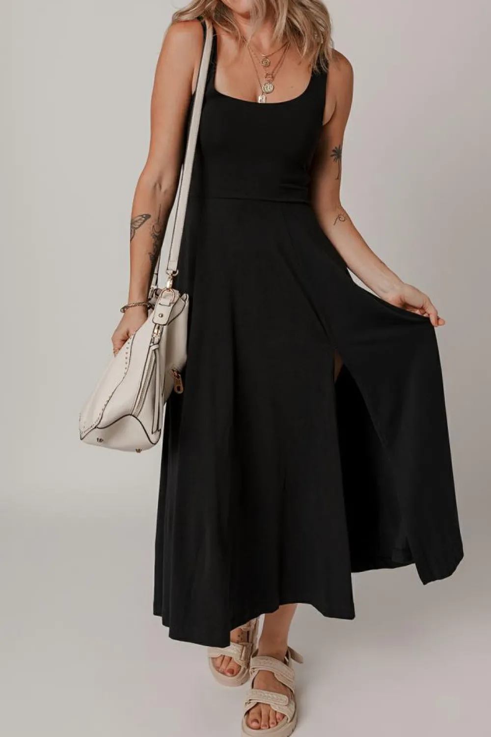 Online Dear-Lover Sleeveless Scoop Neck Flared Split Midi Dress Black