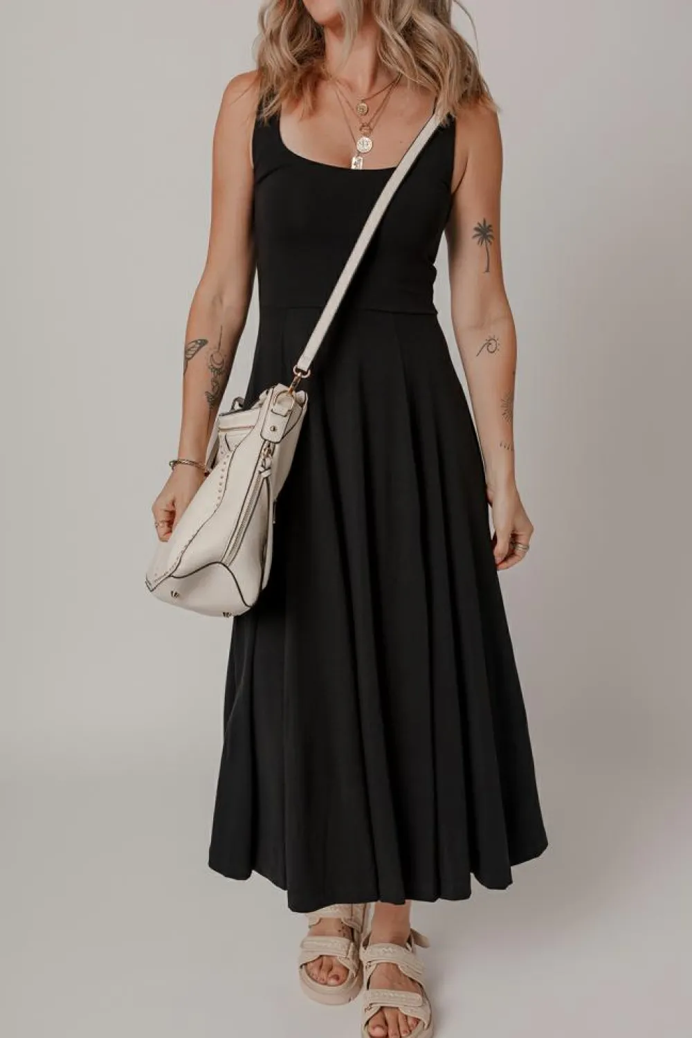 Online Dear-Lover Sleeveless Scoop Neck Flared Split Midi Dress Black