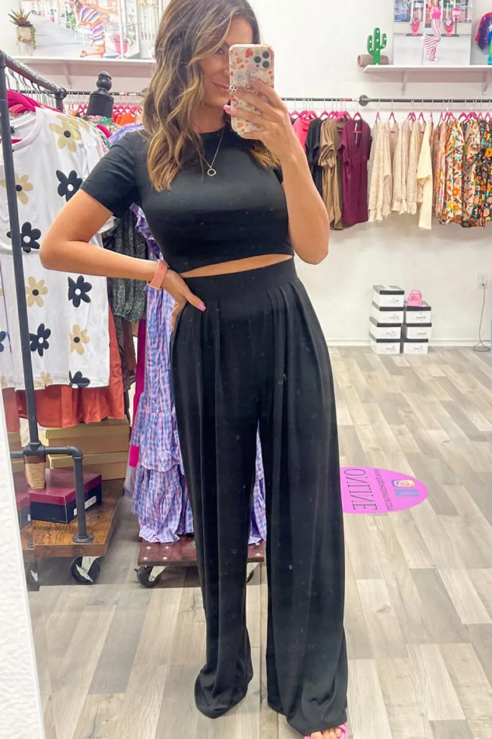 Fashion Dear-Lover Slim Fit Crop Top and Pleated Wide Leg Pants Set Black