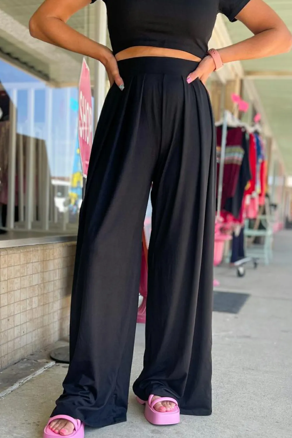 Fashion Dear-Lover Slim Fit Crop Top and Pleated Wide Leg Pants Set Black