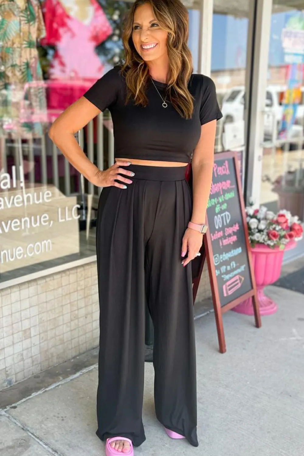 Fashion Dear-Lover Slim Fit Crop Top and Pleated Wide Leg Pants Set Black