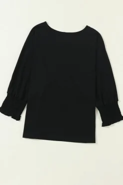 Sale Dear-Lover Smocked 3/4 Sleeve Casual Loose Top Black