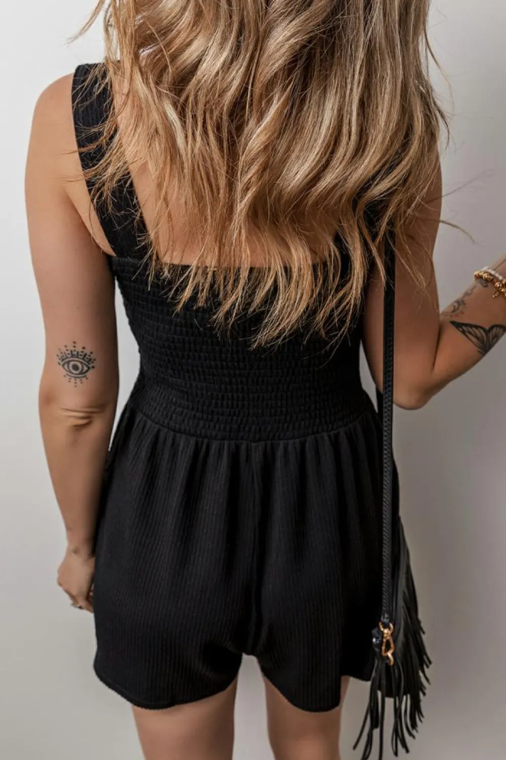 Sale Dear-Lover Smocked Bust Textured Knit Sleeveless Romper Black