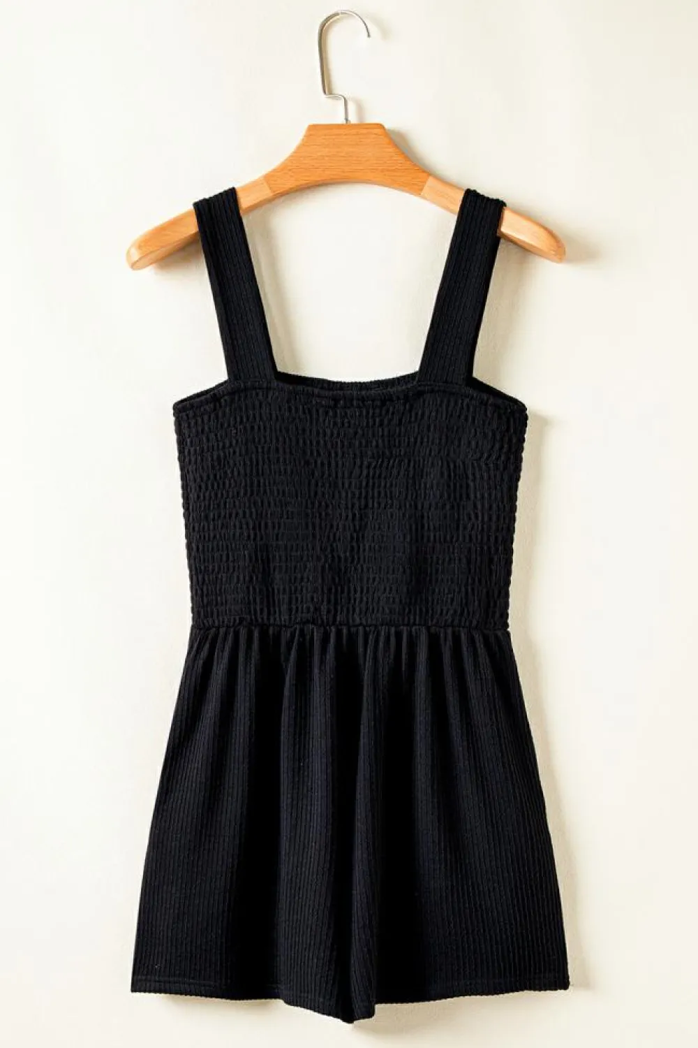 Sale Dear-Lover Smocked Bust Textured Knit Sleeveless Romper Black